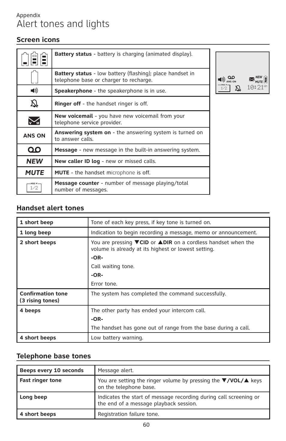 Alert tones and lights, Screen icons, Handset alert tones | Telephone base tones, Mute | AT&T CL82401 User Manual | Page 66 / 89