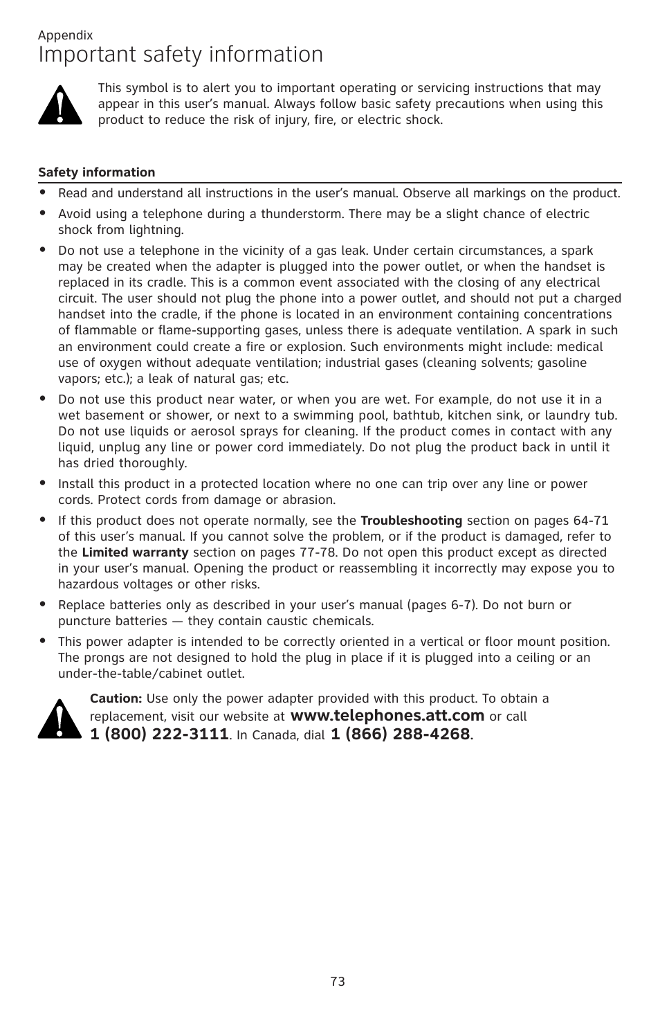 Important safety information, Safety information | AT&T CL82401 User Manual | Page 79 / 89