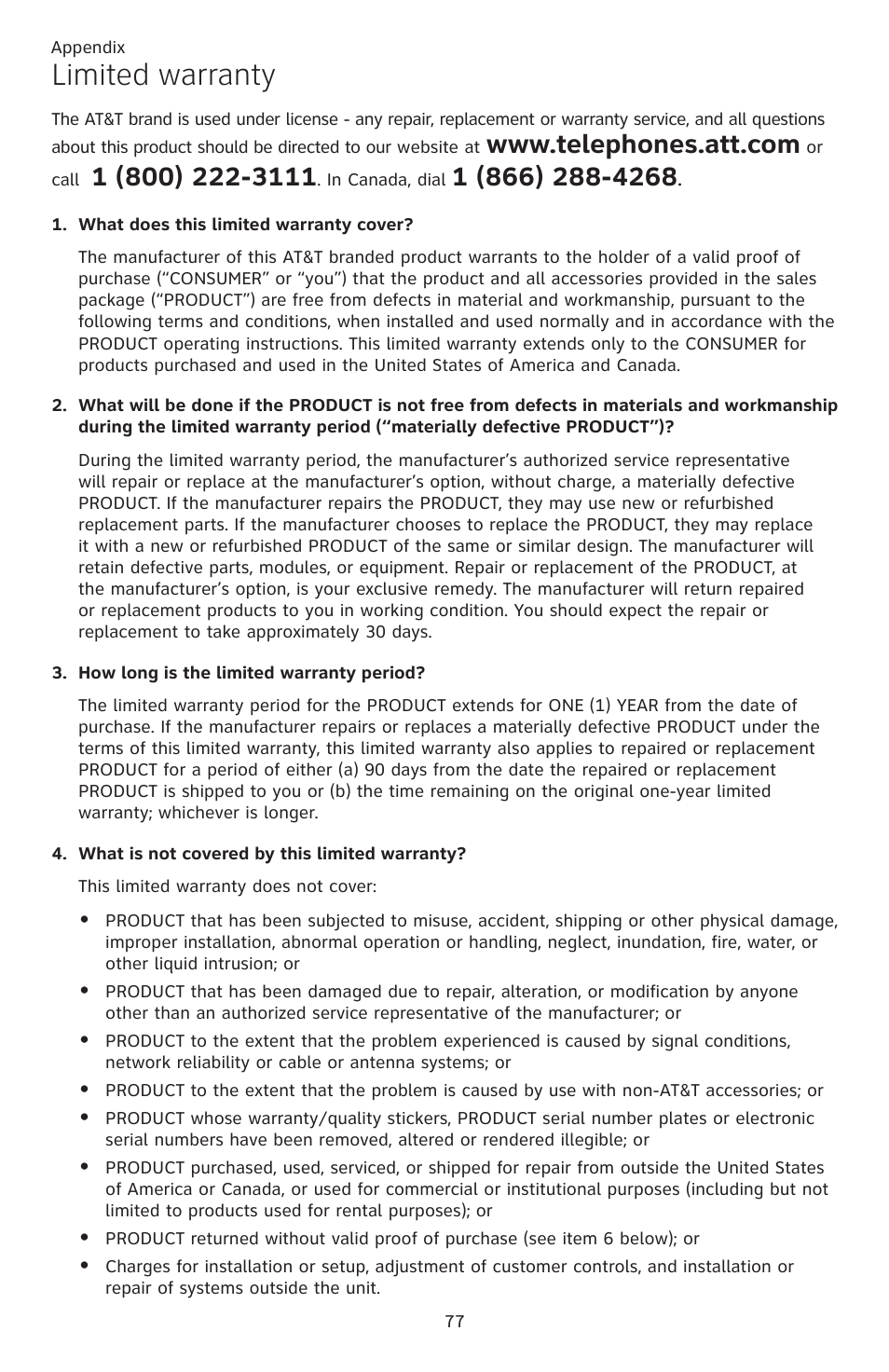 Limited warranty | AT&T CL82401 User Manual | Page 83 / 89