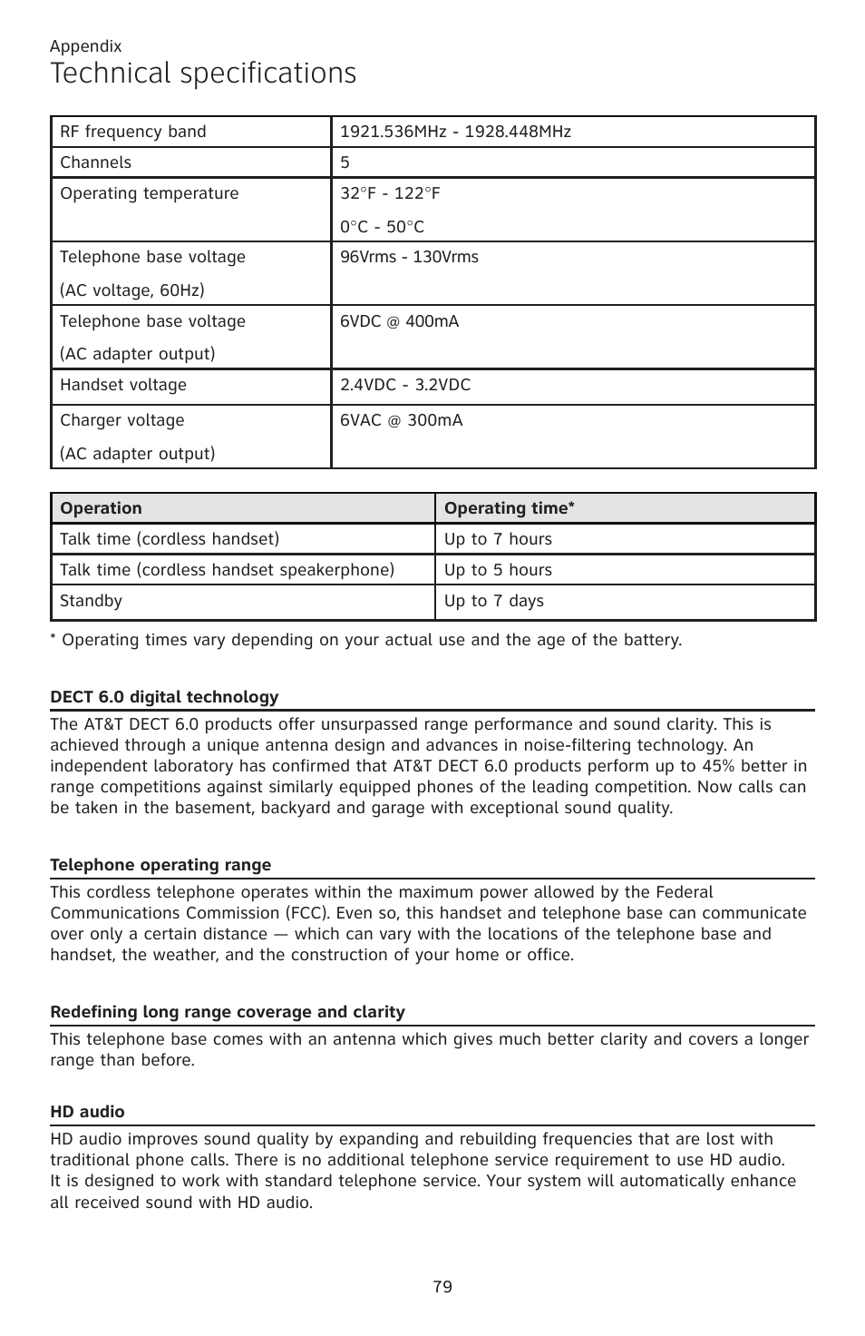 Technical specifications, Dect 6.0 digital technology, Telephone operating range | Redefining long range coverage and clarity, And clarity | AT&T CL82401 User Manual | Page 85 / 89