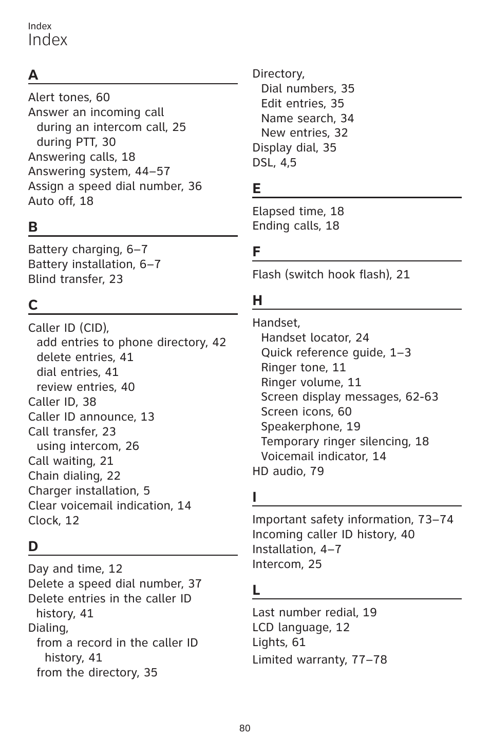 Index | AT&T CL82401 User Manual | Page 86 / 89