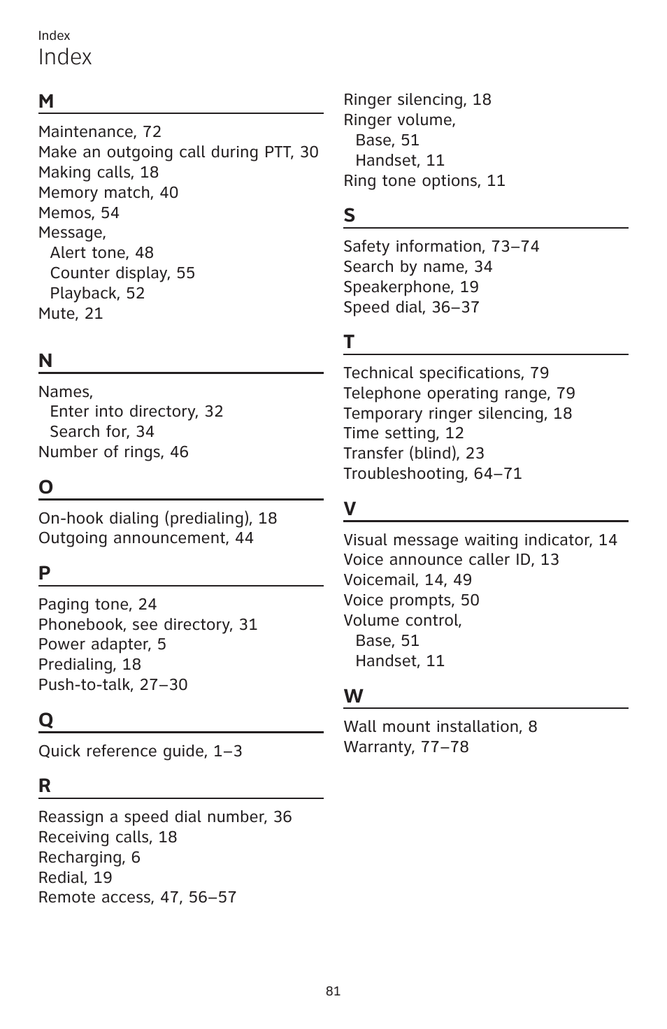 Index | AT&T CL82401 User Manual | Page 87 / 89