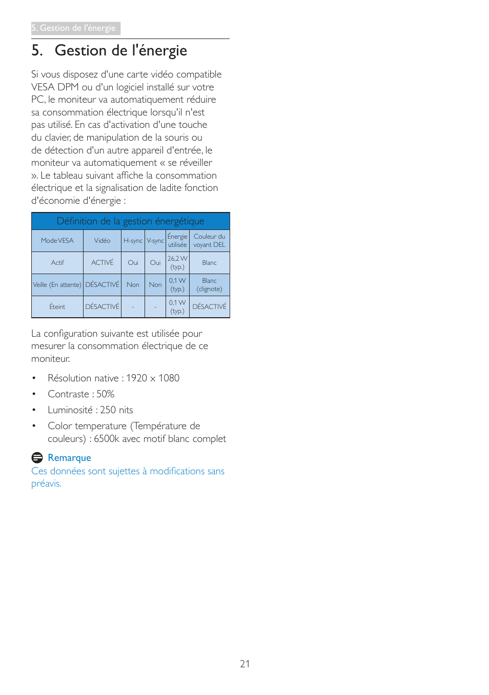 Gestion de l'énergie | Philips Moniteur LCD User Manual | Page 23 / 40