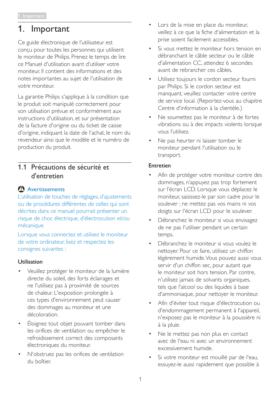 Important, 1 précautions de sécurité et d'entretien, 1 précautions de sécurité et | D'entretien | Philips Moniteur LCD User Manual | Page 3 / 40