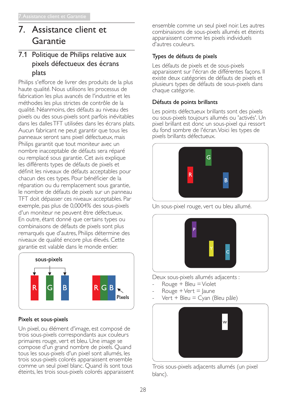 Assistance client et garantie, 1 politique de philips relative aux, Pixels défectueux des écrans plats | Philips Moniteur LCD User Manual | Page 30 / 40