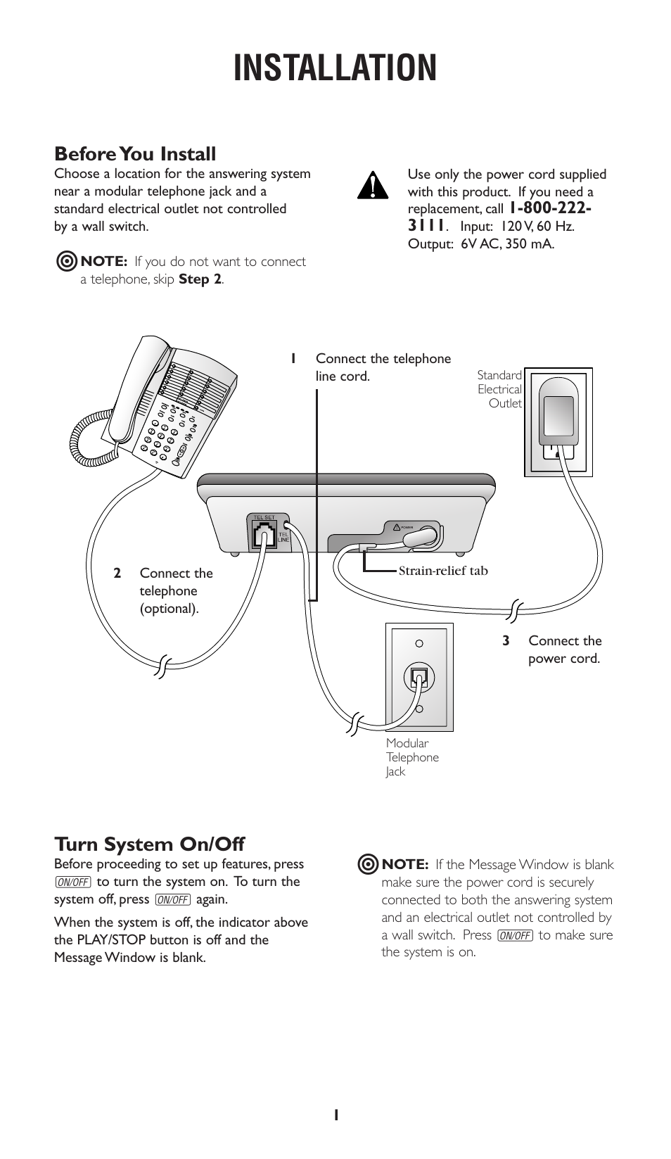 Installation, Before you install, Turn system on/off | AT&T 1722 User Manual | Page 2 / 11