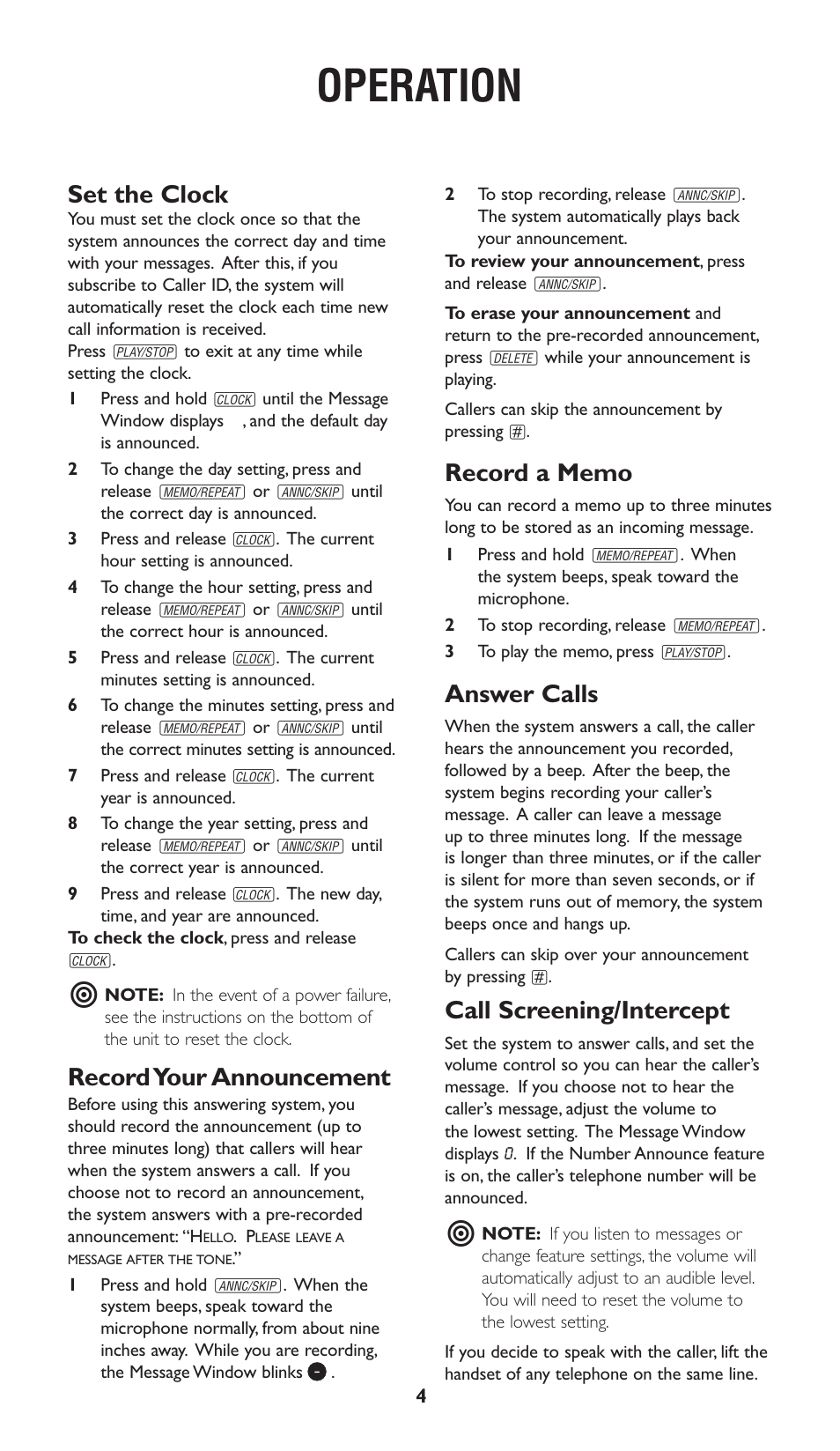 Operation, Set the clock, Record your announcement | Answer calls, Call screening/intercept | AT&T 1722 User Manual | Page 5 / 11