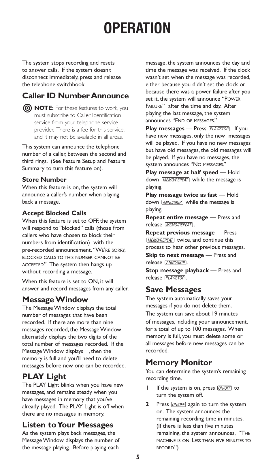 Operation, Caller id number announce, Message window | Play light, Listen to your messages, Save messages | AT&T 1722 User Manual | Page 6 / 11