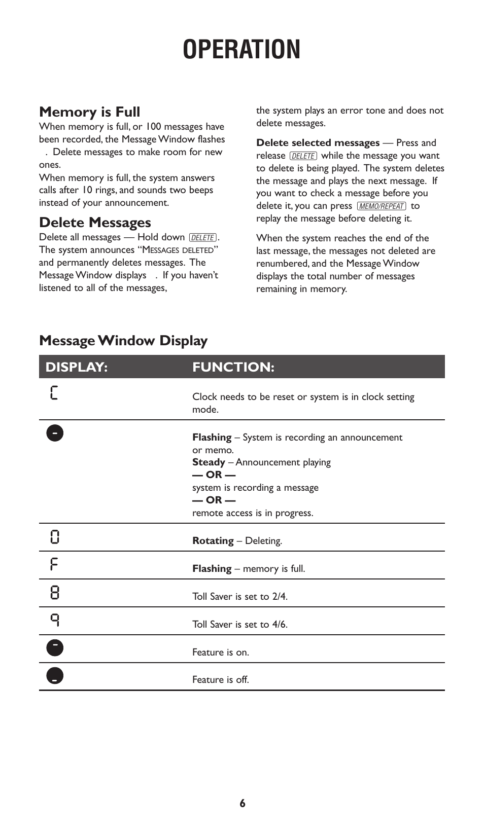 Operation, Delete messages, Message window display | Display: function | AT&T 1722 User Manual | Page 7 / 11