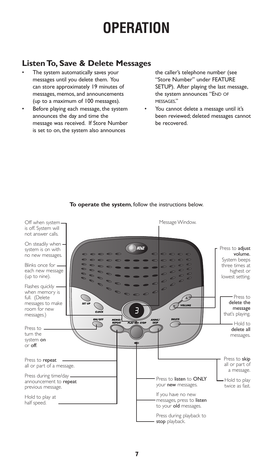 Operation, Listen to, save & delete messages | AT&T 1722 User Manual | Page 8 / 11