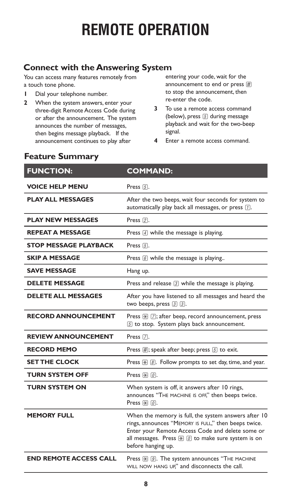 Remote operation, Connect with the answering system, Feature summary | Function: command | AT&T 1722 User Manual | Page 9 / 11