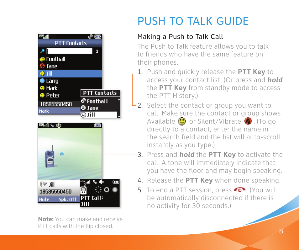 Push to talk guide | LG CU 515 User Manual | Page 8 / 16