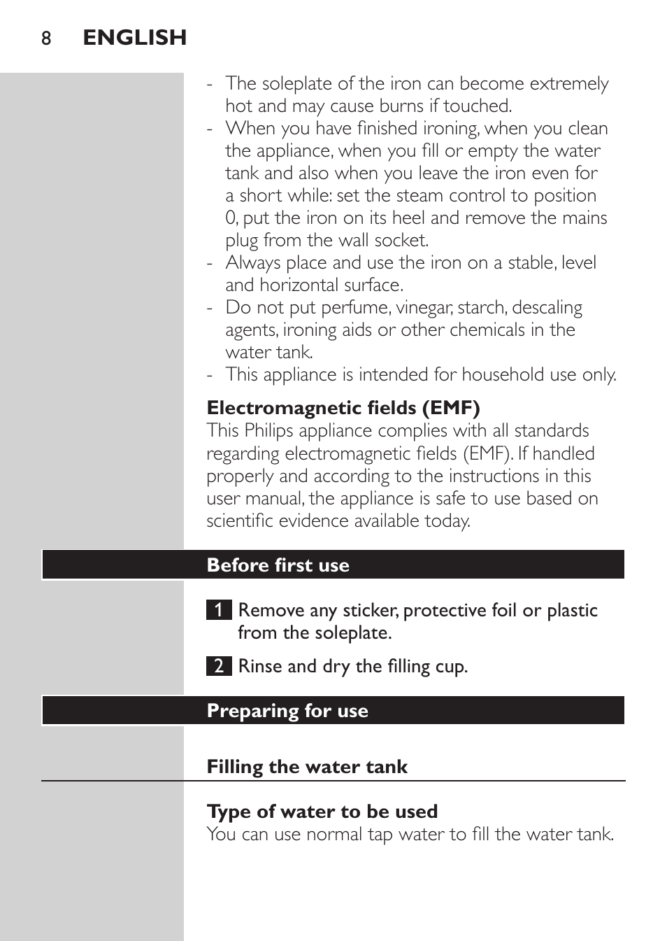 Philips Azur Fer vapeur User Manual | Page 8 / 102