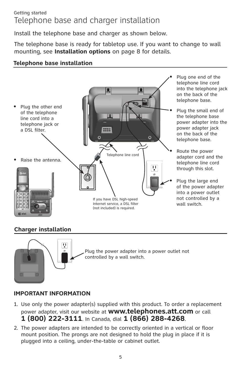 Telephone base and charger installation, Telephone base installation, Charger installation | Telephone base installation charger installation | AT&T CL82351 User Manual | Page 11 / 89