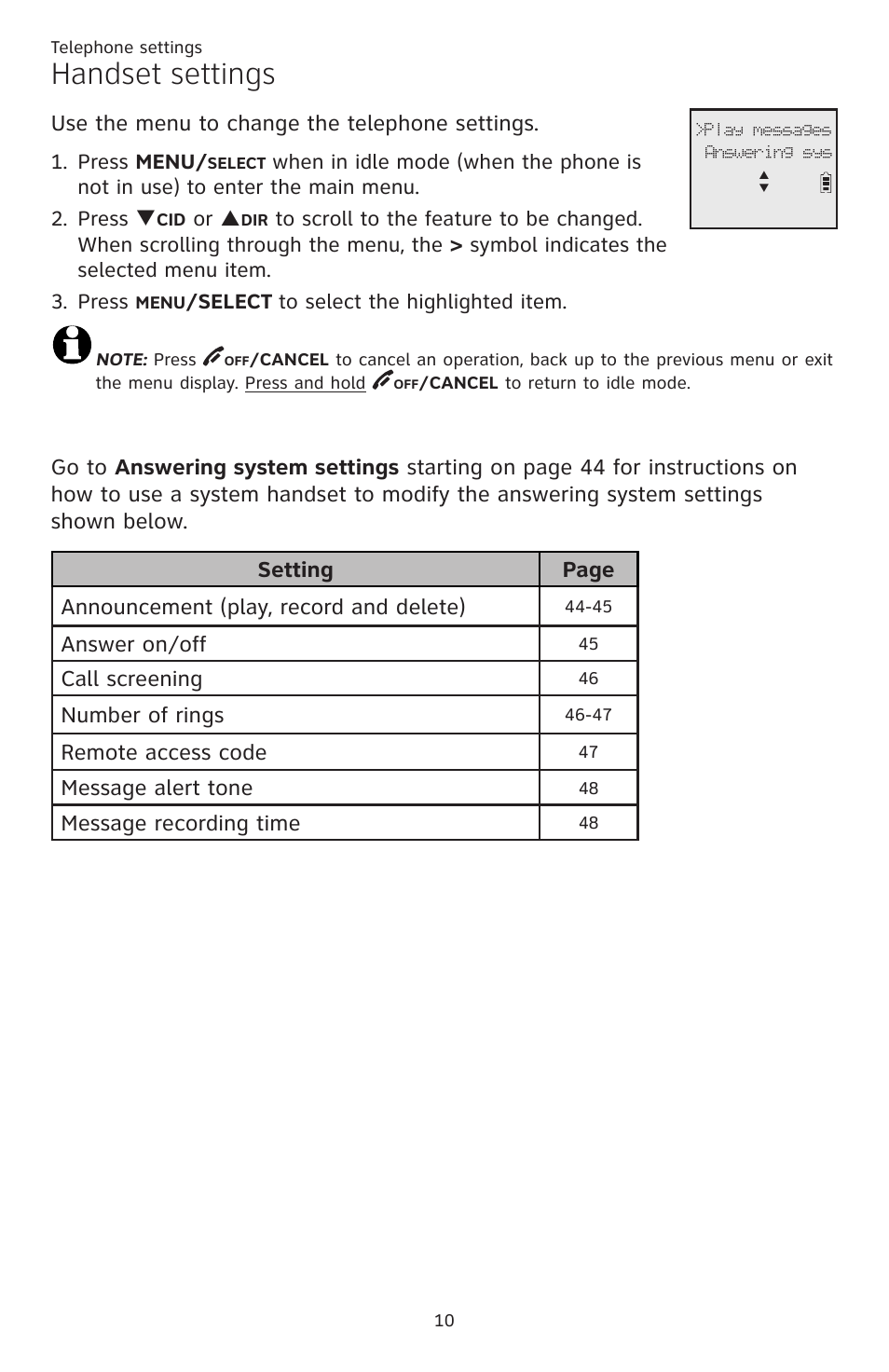 Telephone settings, Handset settings, Handset operation | Use the menu to change the telephone settings, Answer on/off, Call screening, Number of rings, Remote access code, Message alert tone, Message recording time | AT&T CL82351 User Manual | Page 16 / 89