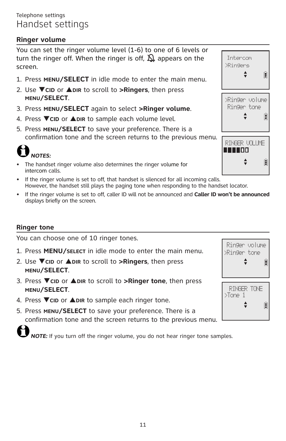 Ringer tone, Ringer volume, Ringer volume ringer tone | Handset settings, Select, Or p, Select . 3. press, Again to select >ringer volume . 4. press q, Select . 3. press q, Select . 4. press q | AT&T CL82351 User Manual | Page 17 / 89