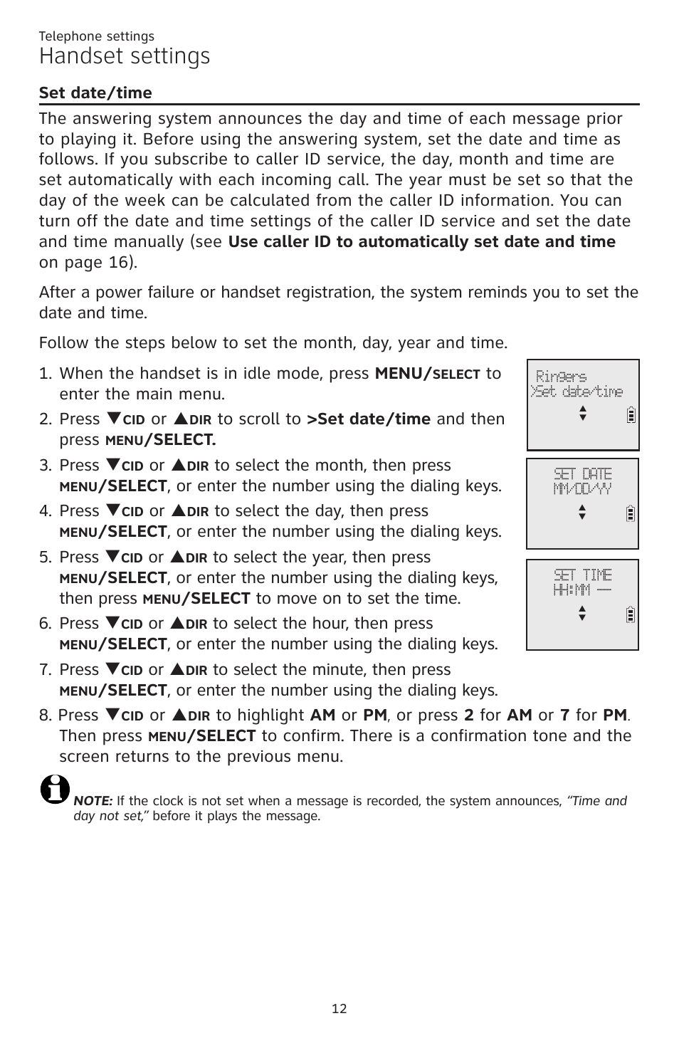 Set date/time, Handset settings, Or p | Select. 3. press q, Select to move on to set the time. 6. press q | AT&T CL82351 User Manual | Page 18 / 89