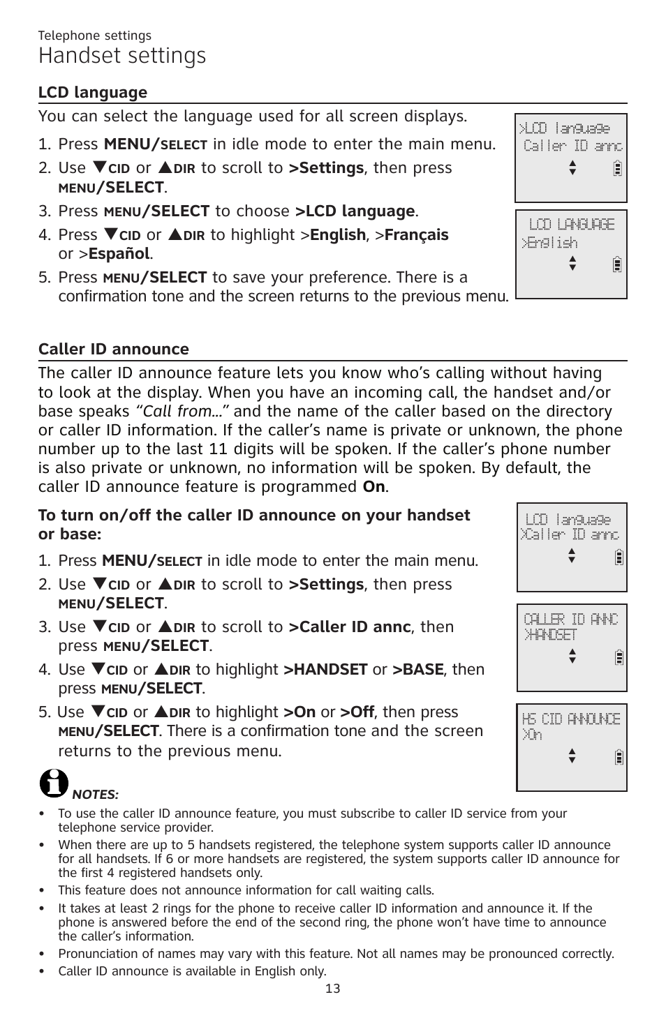 Voice announce caller id, Lcd language, Aller id announce | Handset settings, Or p, Select . 3. press, Select to choose >lcd language . 4. press q, Select . 3. use q, Select . 4. use q, Select . 5. use q | AT&T CL82351 User Manual | Page 19 / 89