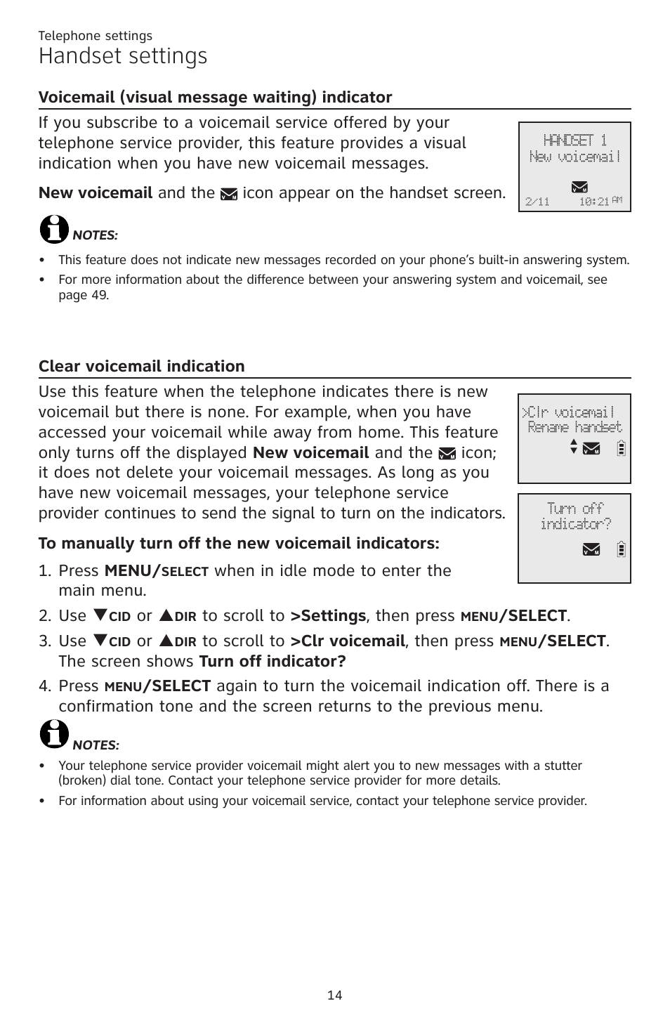 Clear voicemail indication, Voicemail (visual message waiting) indicator, Voicemail (visual message | Waiting) indicator, Handset settings, When in idle mode to enter the main menu. 2. use q, Or p, Select . 3. use q | AT&T CL82351 User Manual | Page 20 / 89