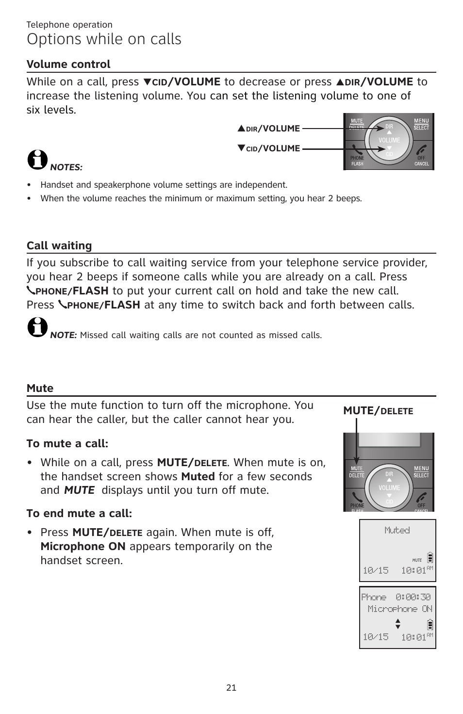 Options while on calls, Volume control, Call waiting | Mute, Volume control call waiting mute, Volume control while on a call, press, Volume to decrease or press | AT&T CL82351 User Manual | Page 27 / 89