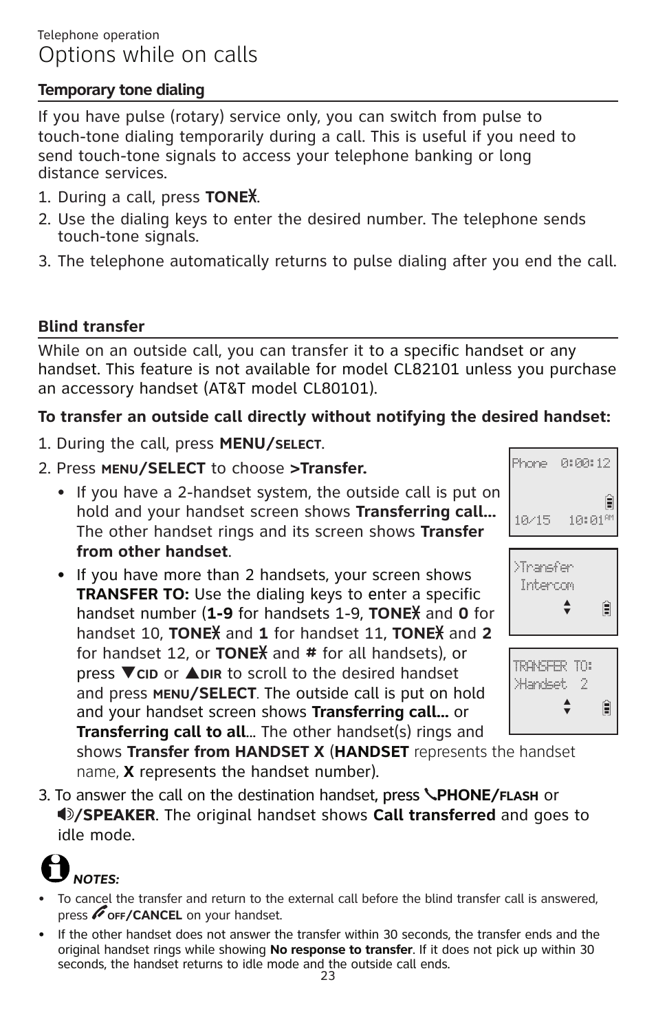 Blind transfer, Temporary tone dialing, Temporary tone dialing blind transfer | Options while on calls | AT&T CL82351 User Manual | Page 29 / 89