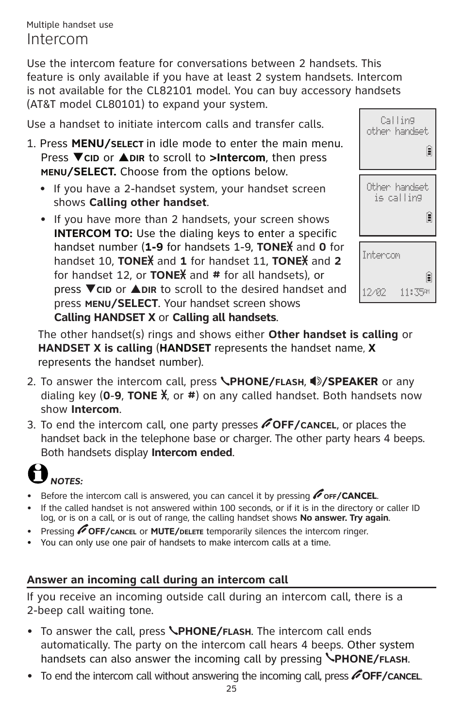 Intercom, Answer an incoming call during an intercom call, Answer an incoming call | During an intercom call | AT&T CL82351 User Manual | Page 31 / 89