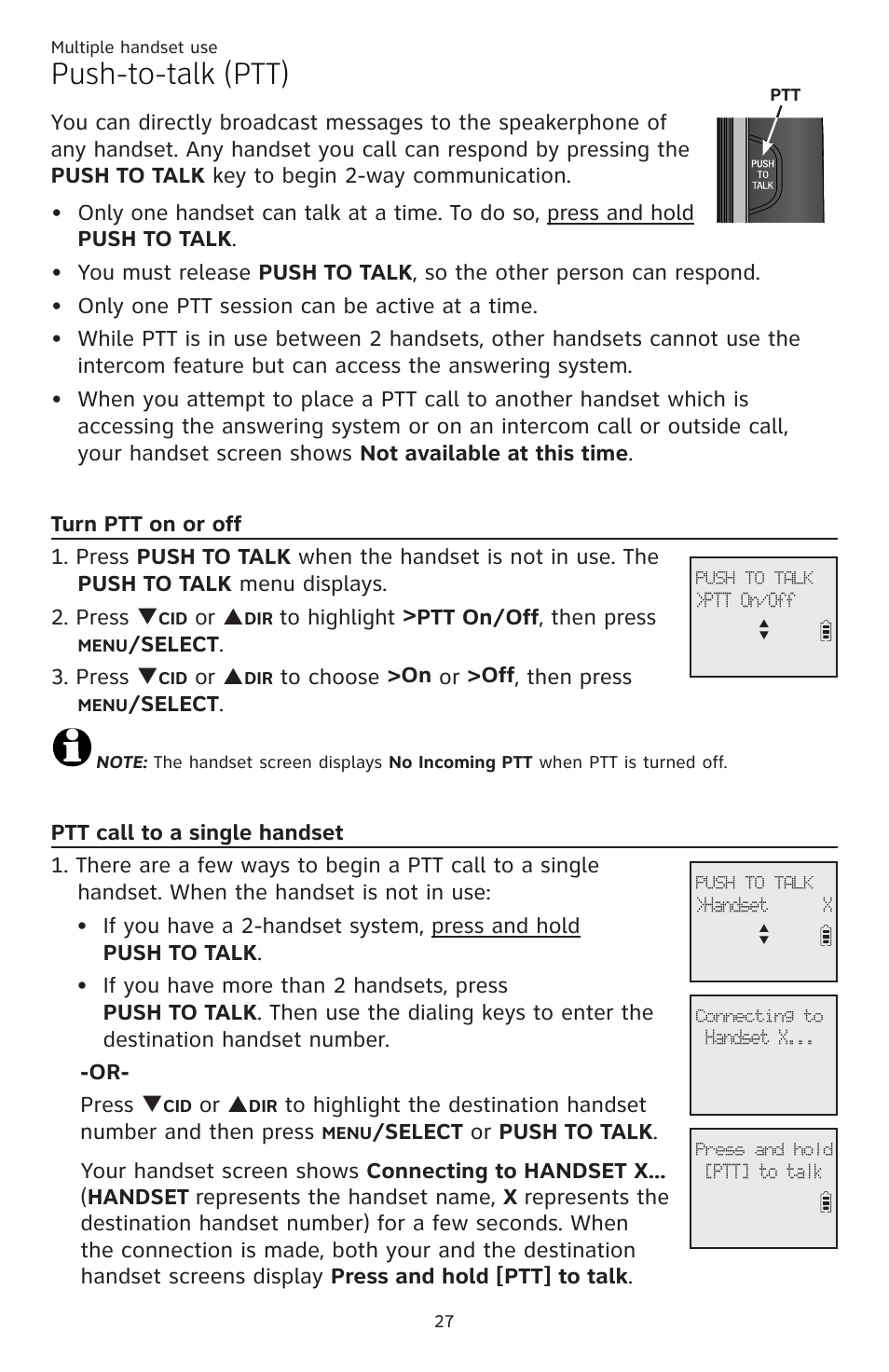 Push-to-talk (ptt), Turn ptt on or off, Ptt call to a single handset | Turn ptt on or off ptt call to a single handset, Or p, Select . 3. press q, Select | AT&T CL82351 User Manual | Page 33 / 89