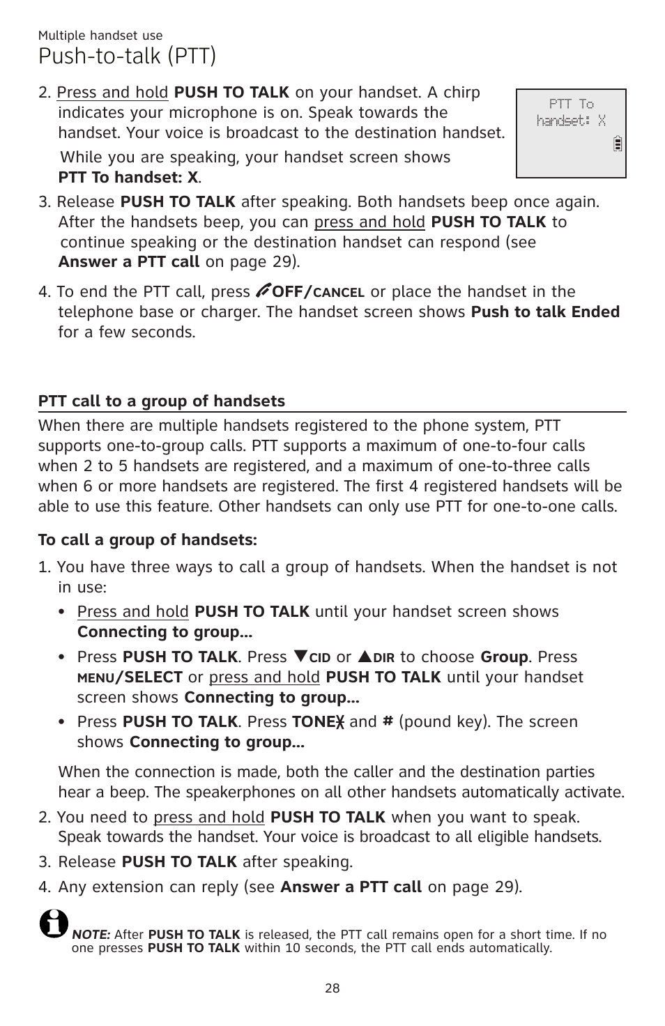 Ptt call to all handsets, Ptt call to a group of handsets, Push-to-talk (ptt) | AT&T CL82351 User Manual | Page 34 / 89