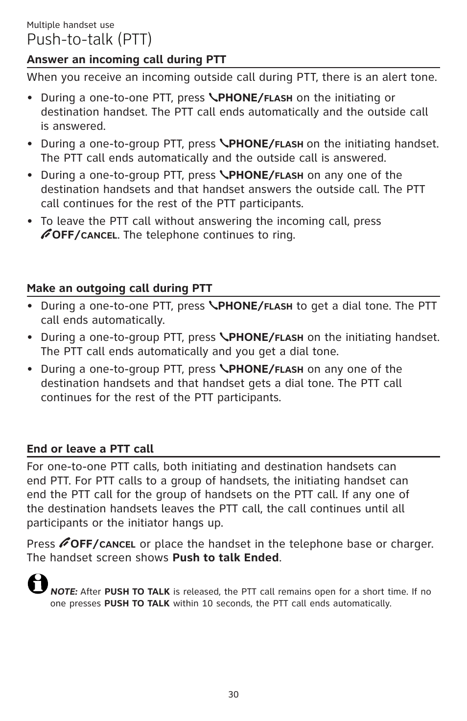 End or leave a ptt call, Make an outgoing call during ptt, Answer an incoming call during ptt | Answer an incoming call during, Push-to-talk (ptt) | AT&T CL82351 User Manual | Page 36 / 89