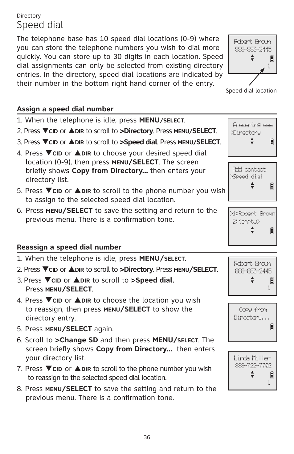Speed dial, Assign a speed dial number, Reassign a speed dial number | Press q, Or p, Select . 3. press q, Select . 4. press q, Select to show the directory entry. 5. press | AT&T CL82351 User Manual | Page 42 / 89