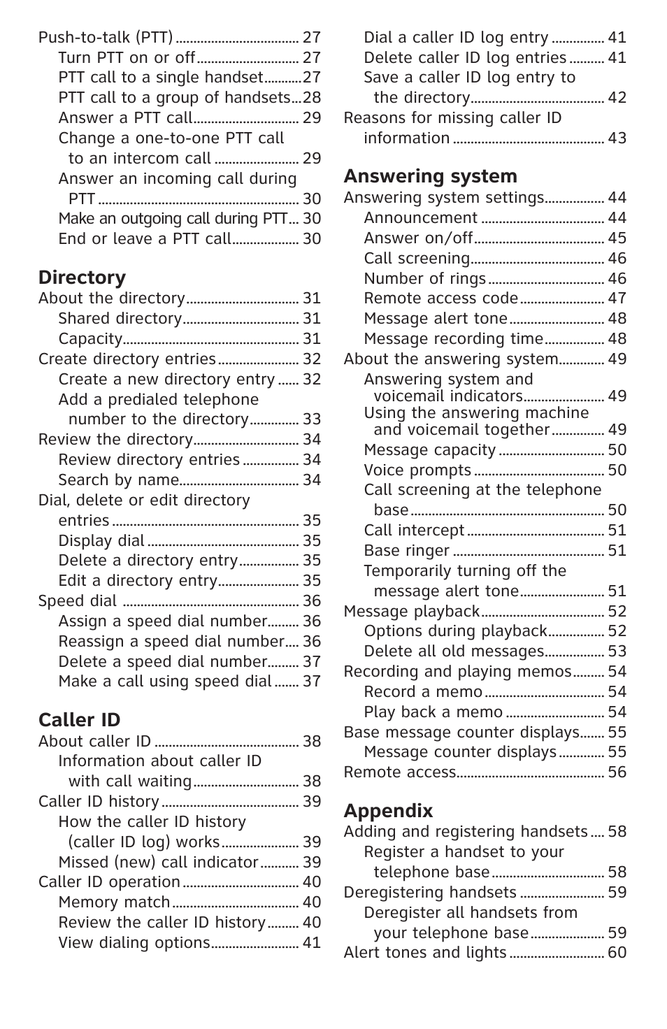 Directory, Caller id, Answering system | Appendix | AT&T CL82351 User Manual | Page 5 / 89