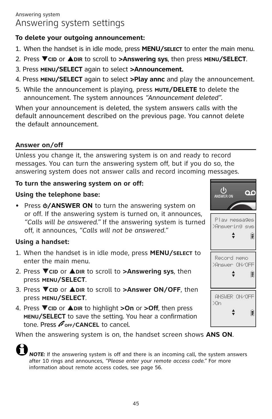 Answer on/off, Answering system settings, Or p | Select . 3. press, Select again to select >announcement. 4. press, Select . 3. press q, Select . 4. press q | AT&T CL82351 User Manual | Page 51 / 89