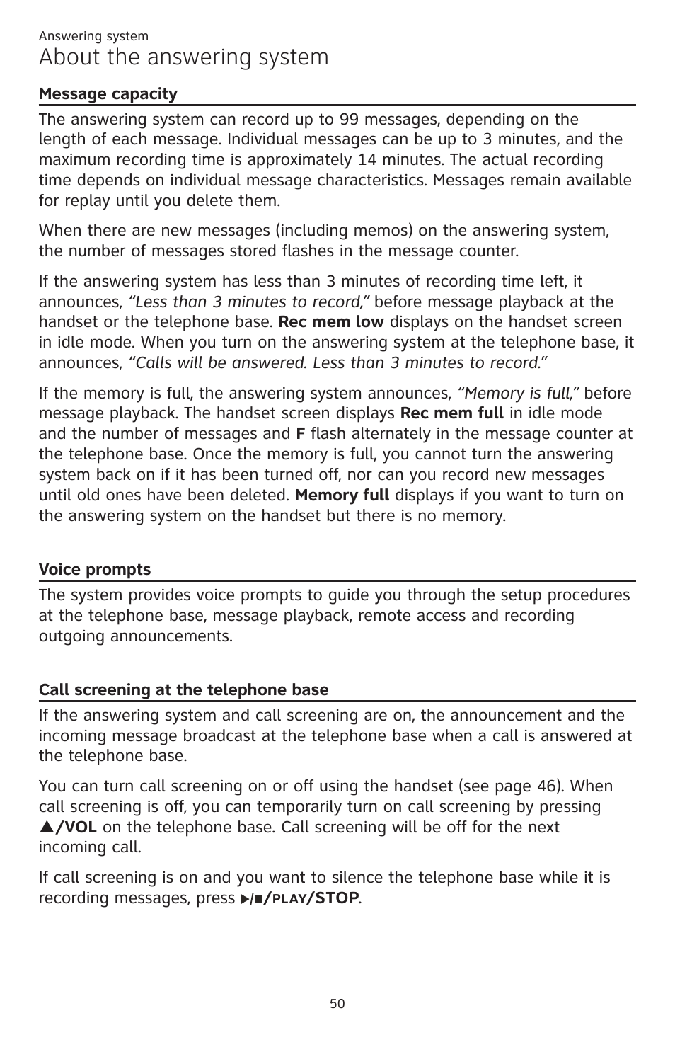 Message capacity, Voice prompts, Call screening at the telephone base | Base, About the answering system | AT&T CL82351 User Manual | Page 56 / 89