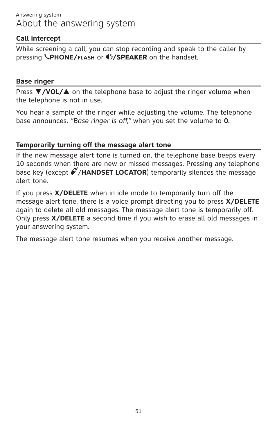 Call intercept, Base ringer, Temporarily turning off the message alert tone | Message alert tone, About the answering system | AT&T CL82351 User Manual | Page 57 / 89
