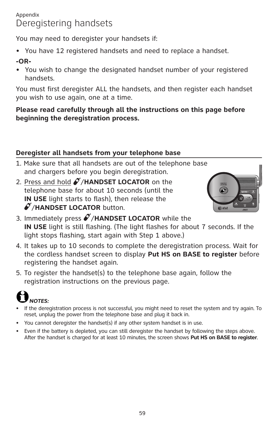 Deregistering handsets, Deregister all handsets, Deregister all handsets from | Your telephone base | AT&T CL82351 User Manual | Page 65 / 89