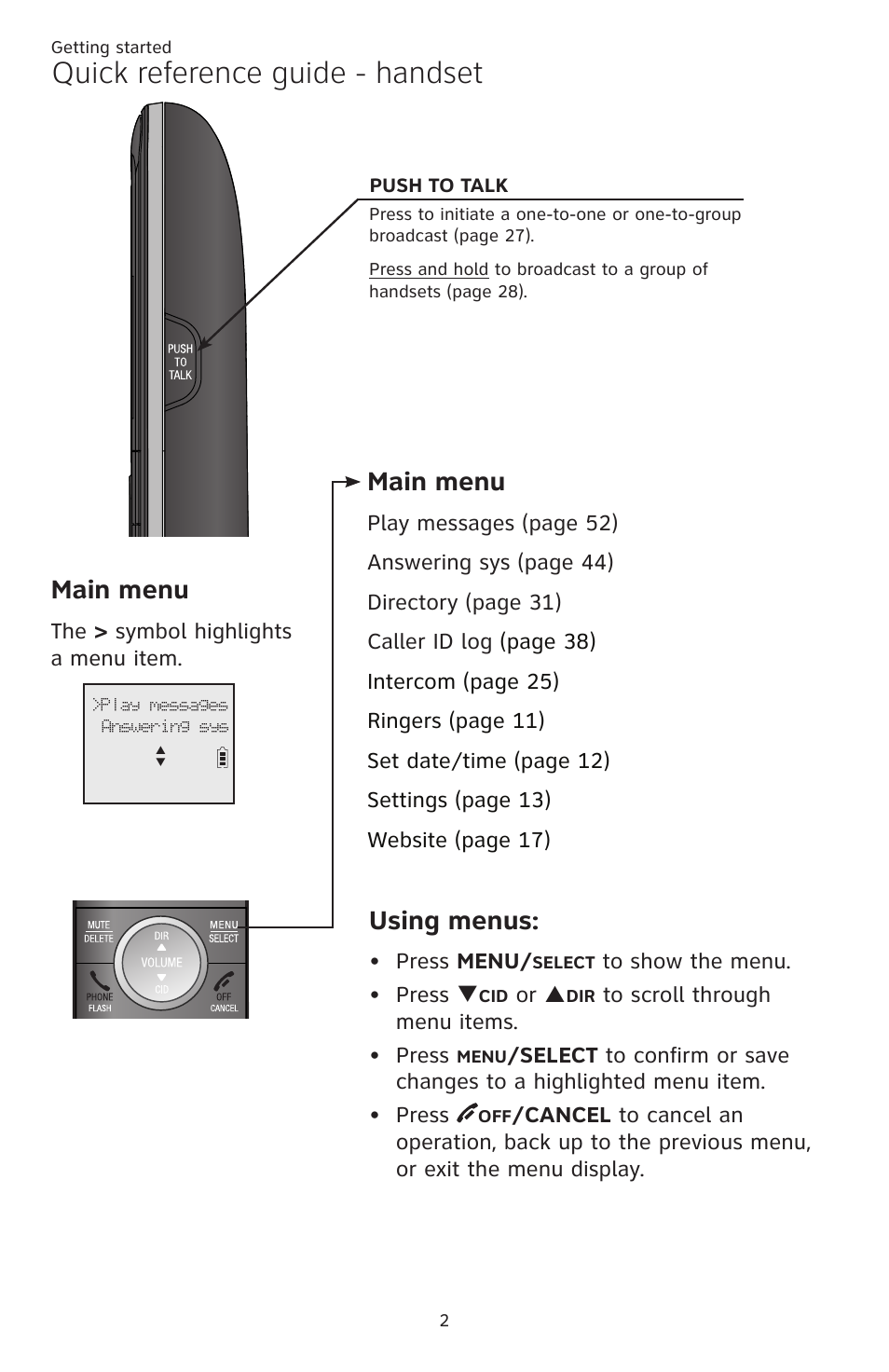 Quick reference guide - handset, Main menu, Using menus | AT&T CL82351 User Manual | Page 8 / 89