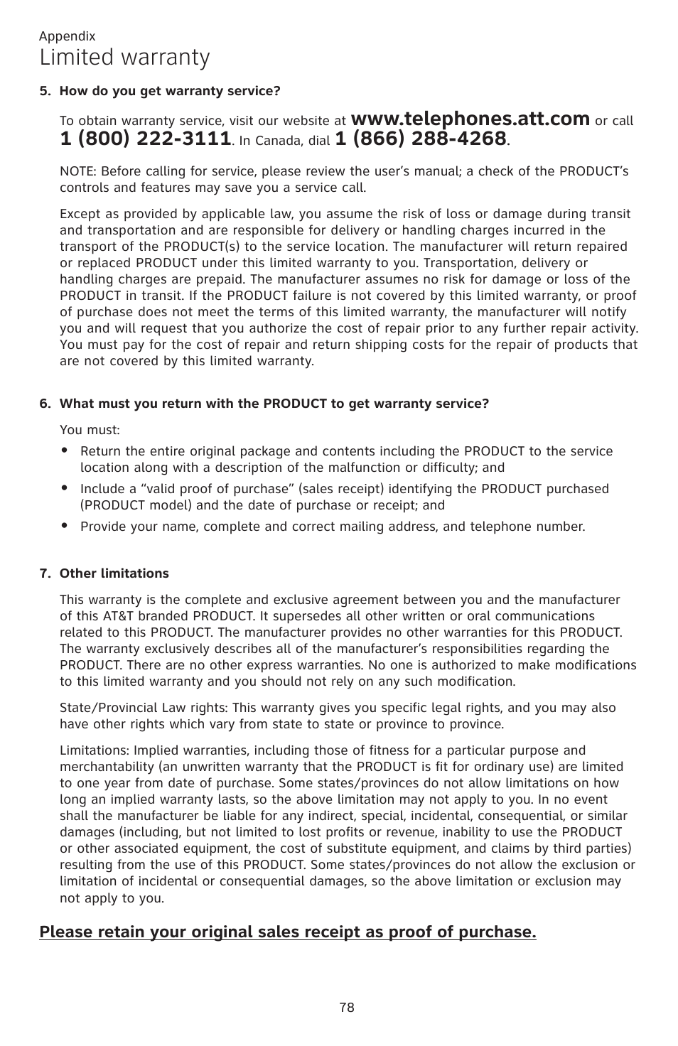 Limited warranty | AT&T CL82351 User Manual | Page 84 / 89