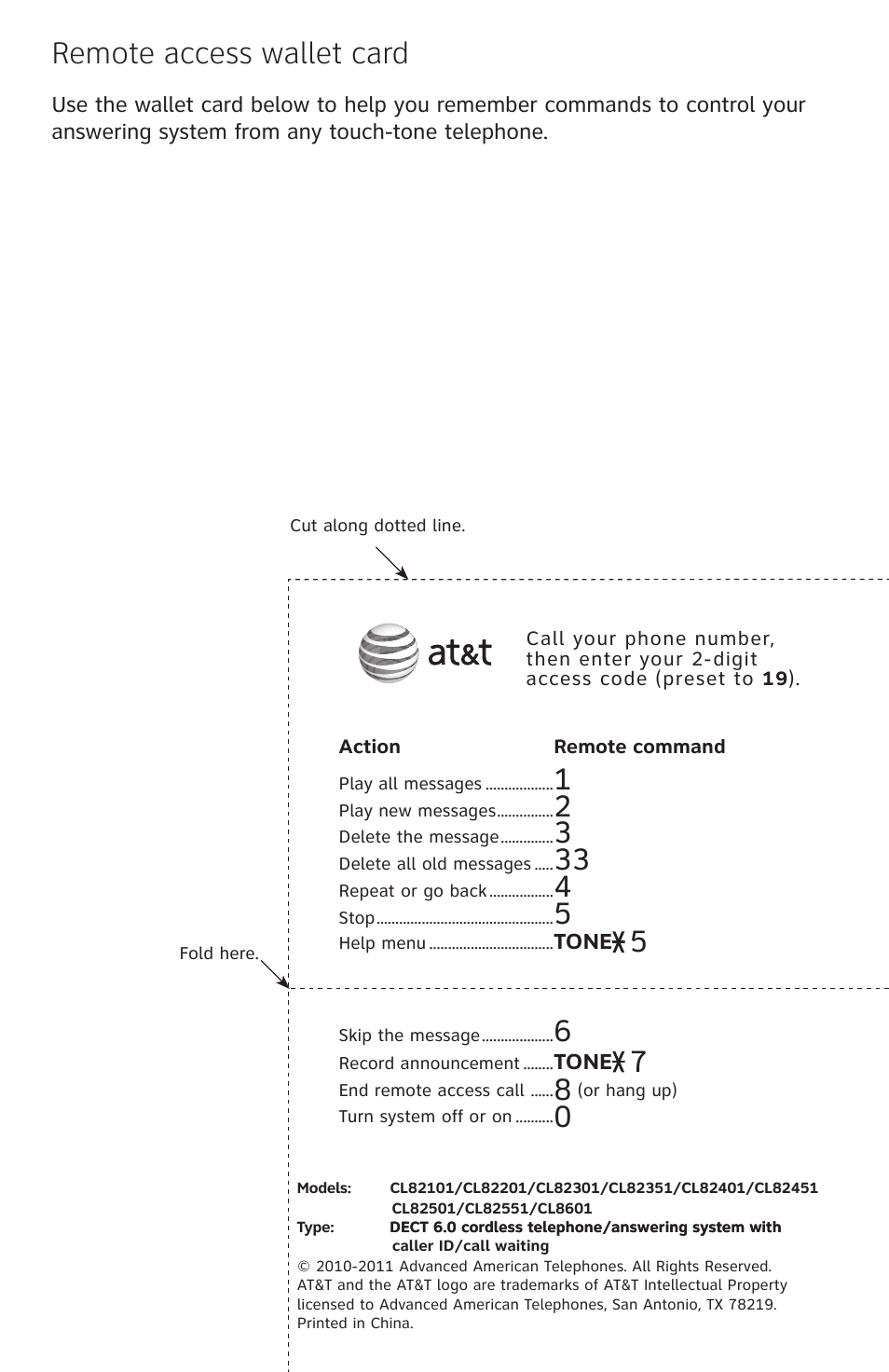 Remote access wallet card | AT&T CL82351 User Manual | Page 88 / 89