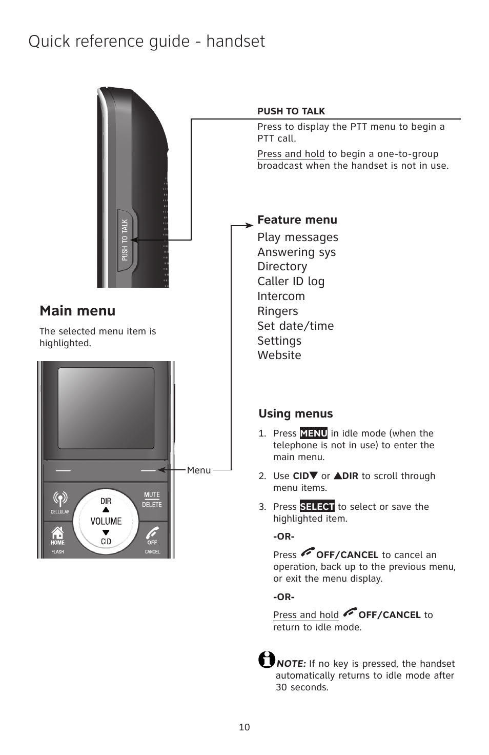 Quick reference guide - handset, Main menu, Using menus | AT&T TL96471 User Manual | Page 11 / 26