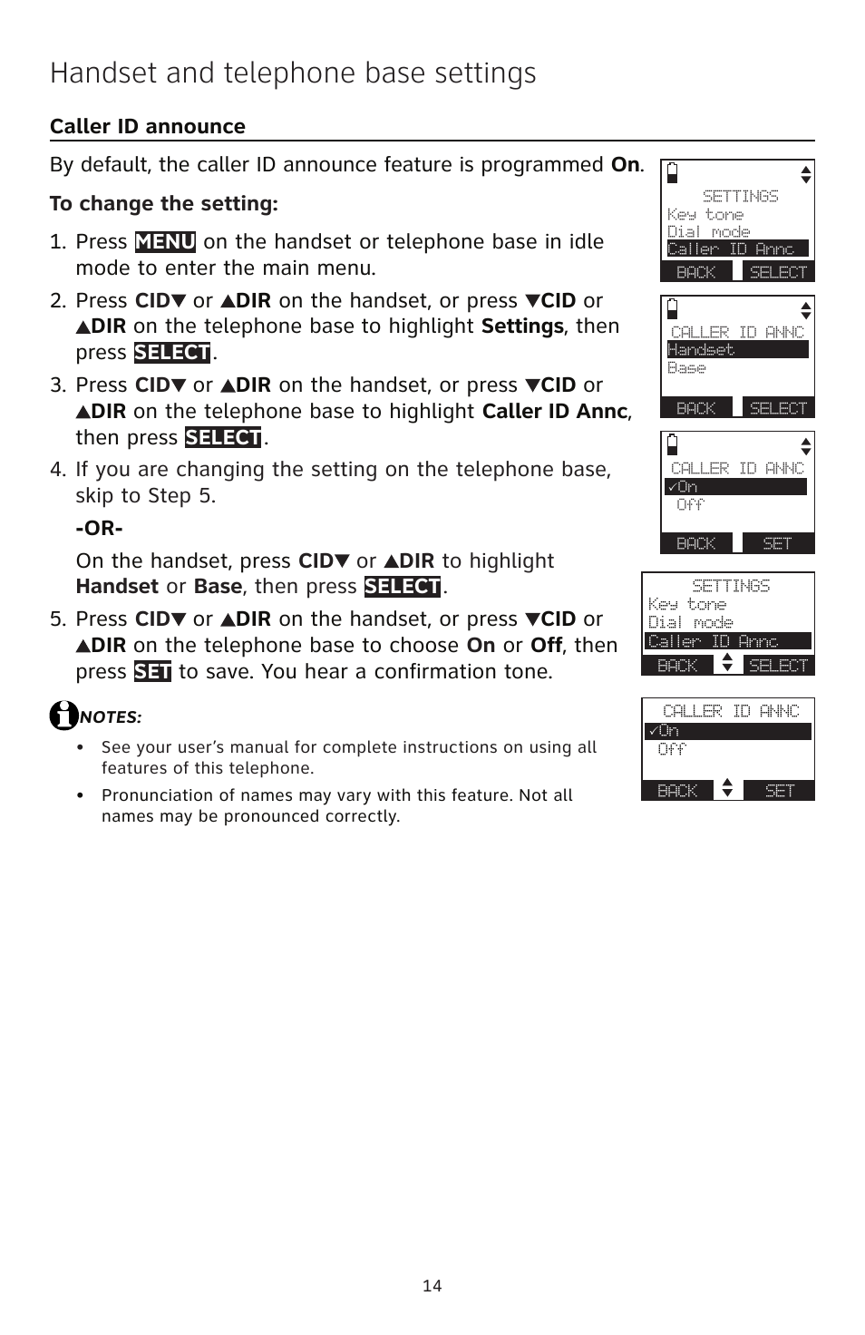 Handset and telephone base settings | AT&T TL96471 User Manual | Page 15 / 26