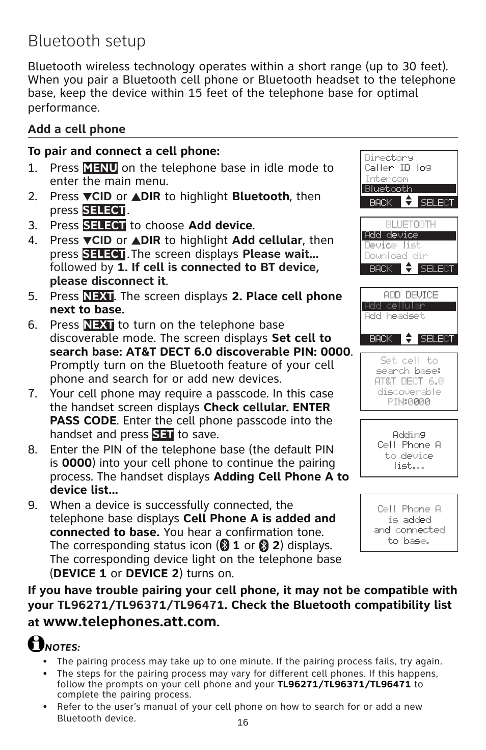 Bluetooth setup | AT&T TL96471 User Manual | Page 17 / 26