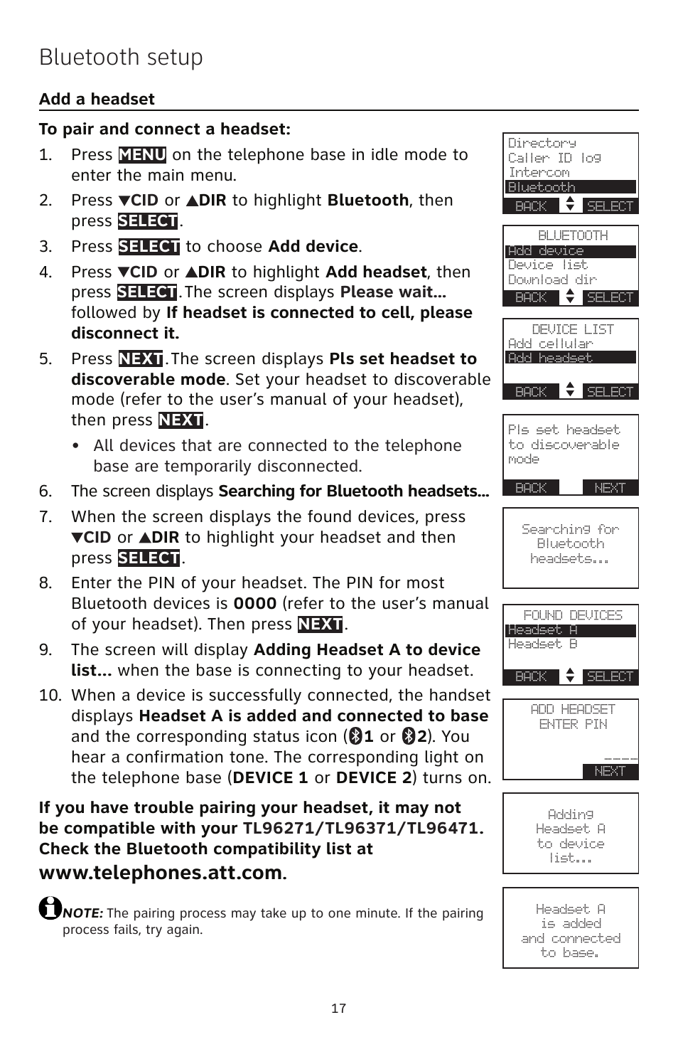 Bluetooth setup | AT&T TL96471 User Manual | Page 18 / 26