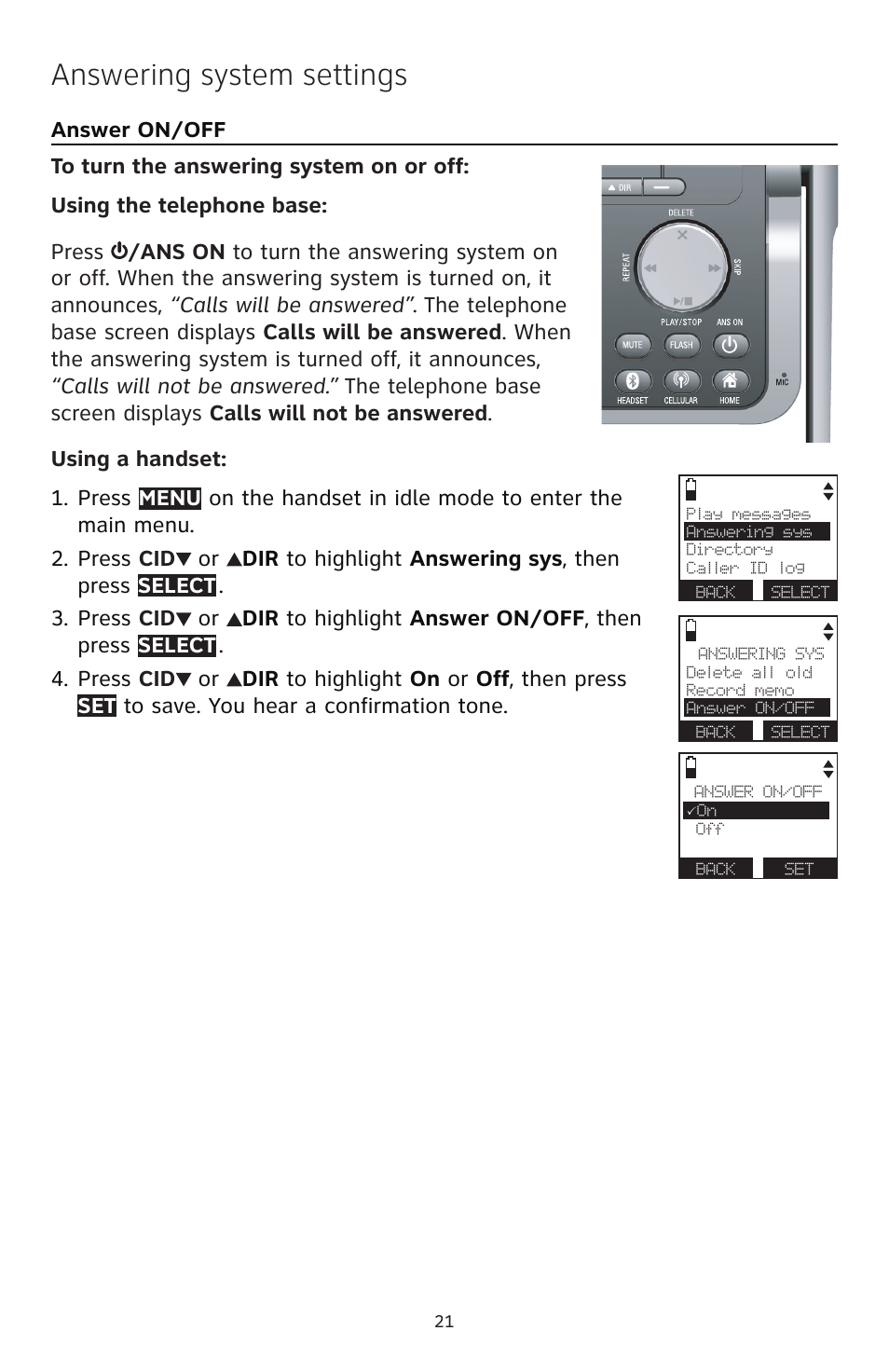 Answering system settings | AT&T TL96471 User Manual | Page 22 / 26