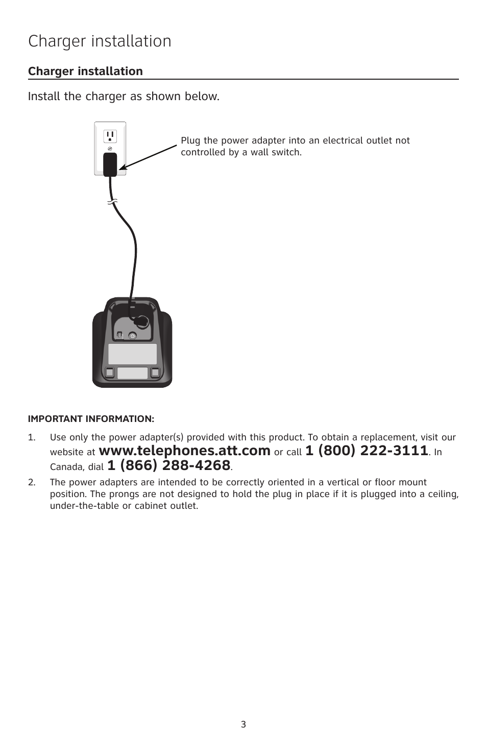 Charger installation | AT&T TL96471 User Manual | Page 4 / 26