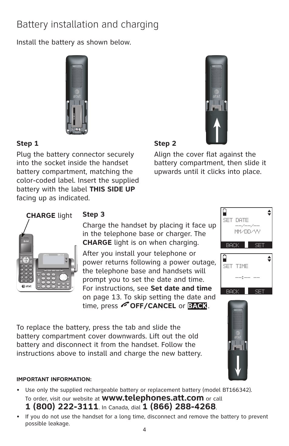 Battery installation and charging | AT&T TL96471 User Manual | Page 5 / 26