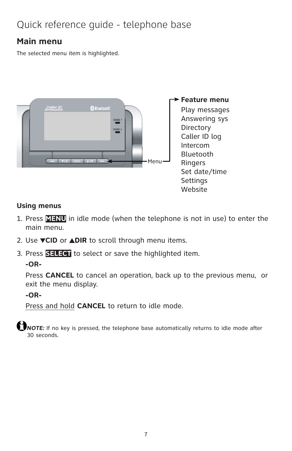 Quick reference guide - telephone base, Main menu | AT&T TL96471 User Manual | Page 8 / 26