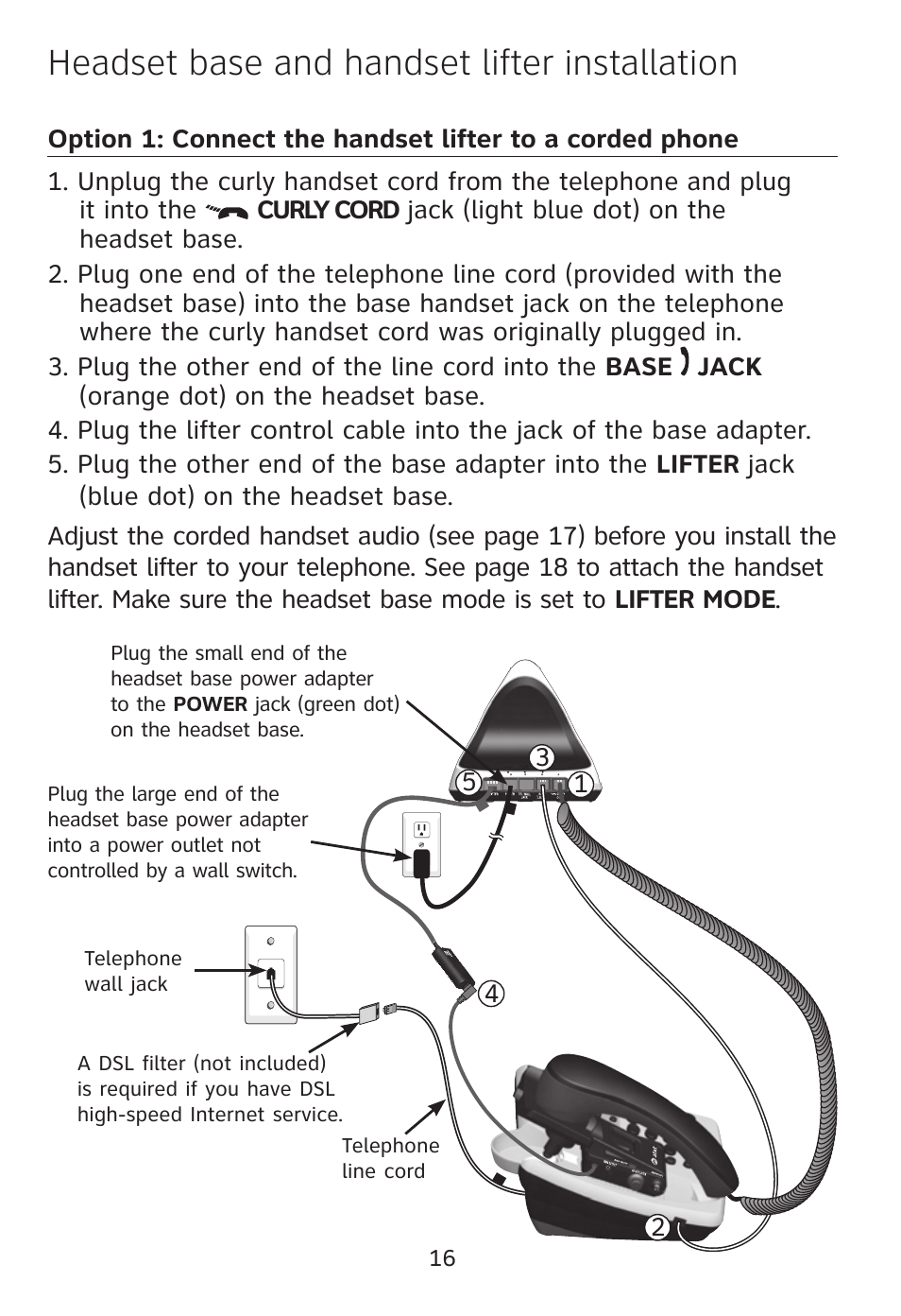 Headset base and handset lifter installation | AT&T TL7612 User Manual | Page 18 / 30