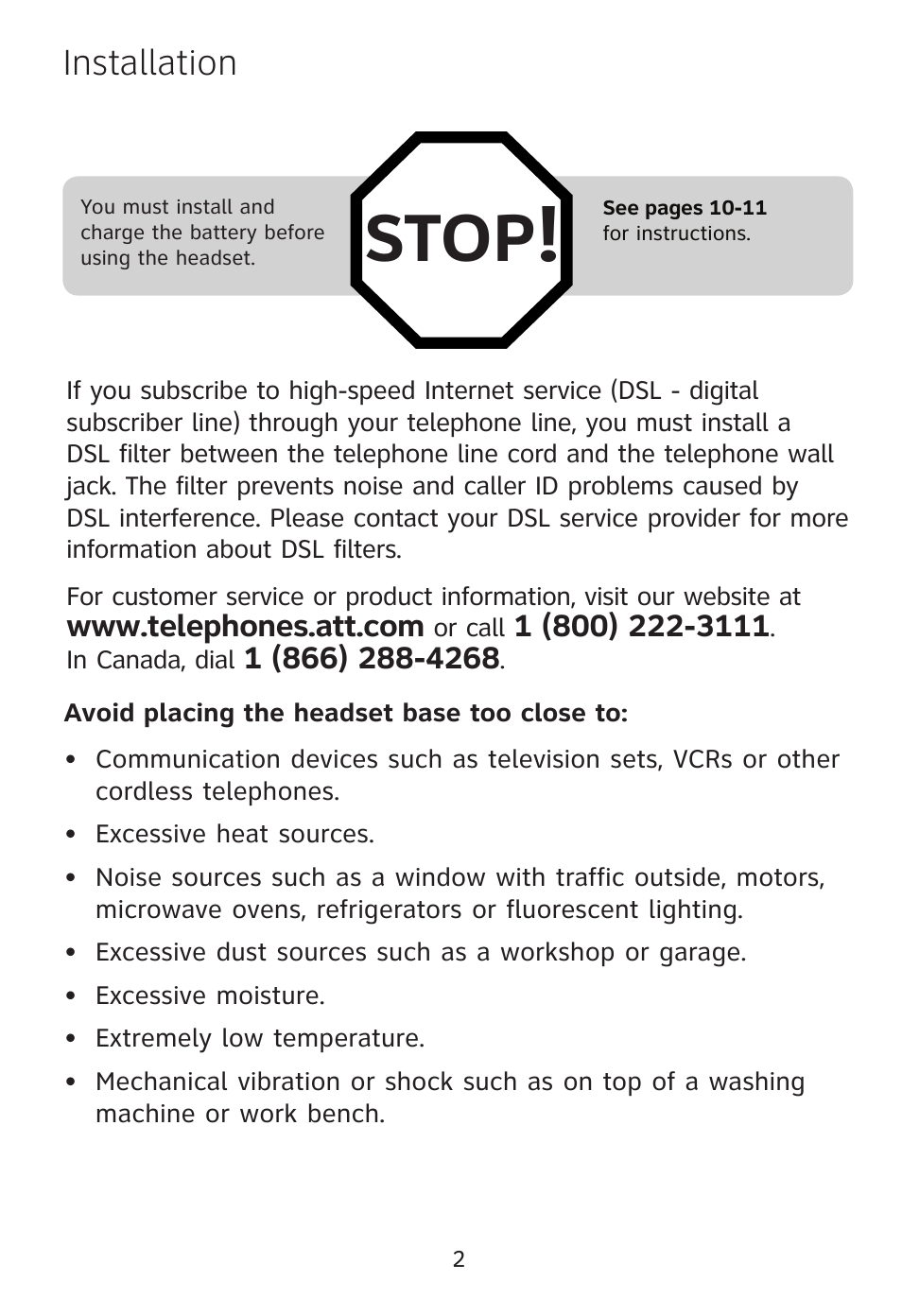 Stop, Installation | AT&T TL7612 User Manual | Page 2 / 30
