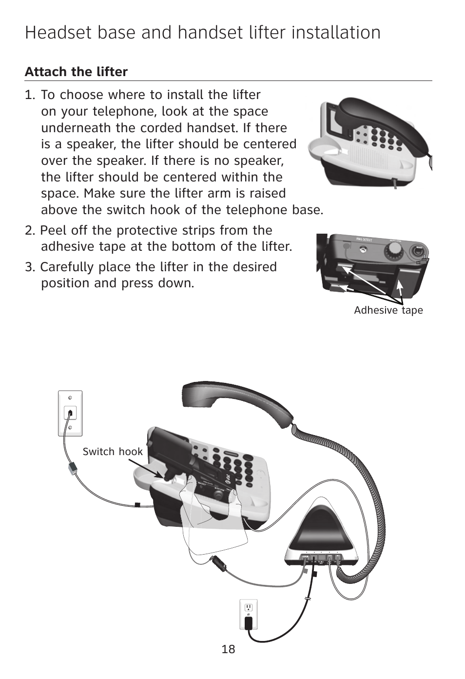Headset base and handset lifter installation | AT&T TL7612 User Manual | Page 20 / 30