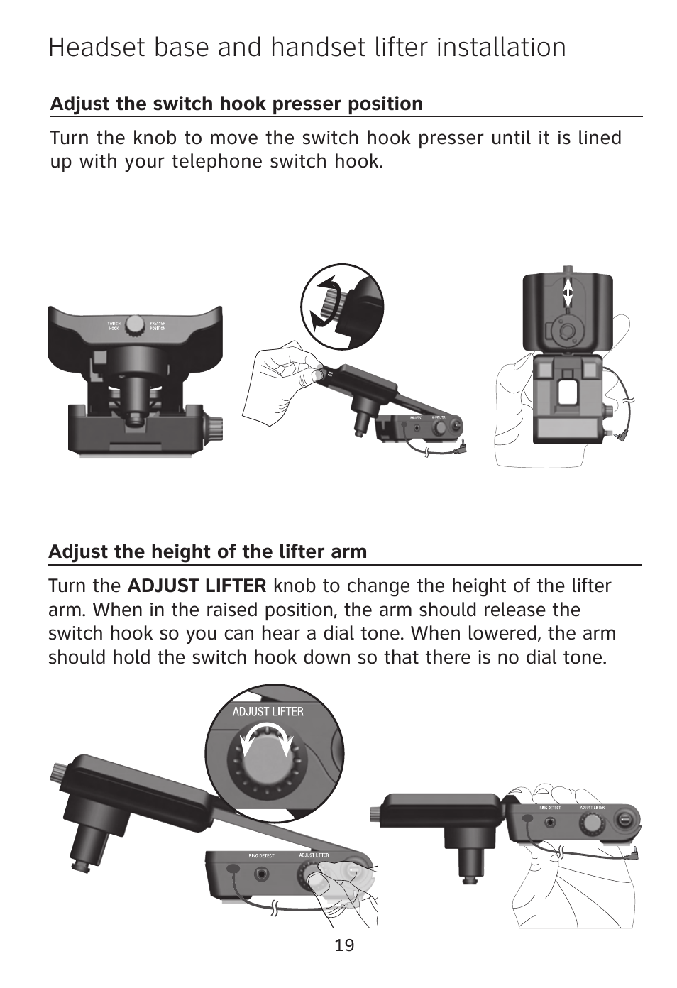 Headset base and handset lifter installation | AT&T TL7612 User Manual | Page 21 / 30